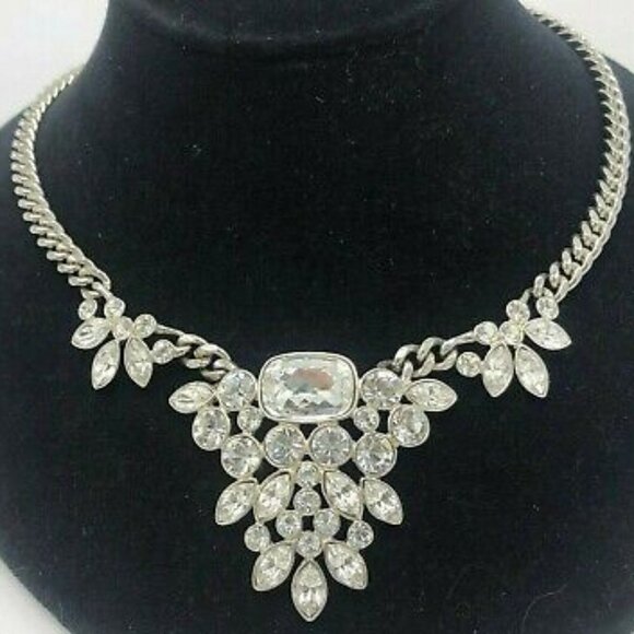 Givenchy Signed Large Crystal Silver-Tone Chain Link Collar Runway Necklace - Picture 1 of 6